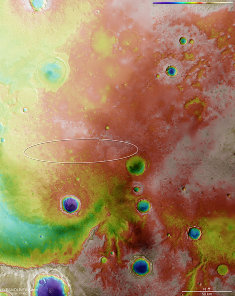 False color topographic map showing the Schiaparelli lander’s intended touchdown site in the Meridiani Planum region of Mars’ southern highlands. Image: ESA/DLR/FU Berlin
